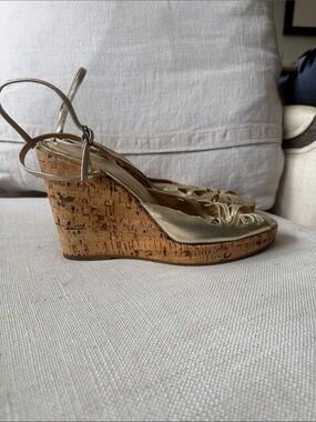 Metallic Gold Cork Wedge Slingback Sandals